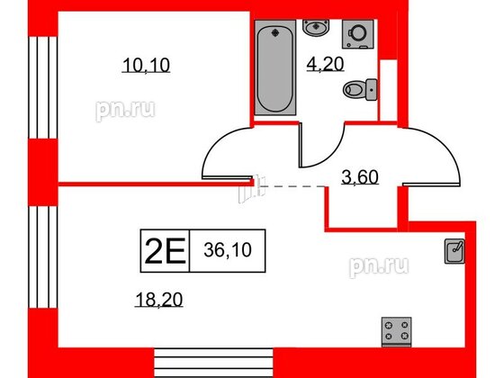 Квартира в ЖК Аэронавт, 1 комнатная, 36.1 м², 2 этаж