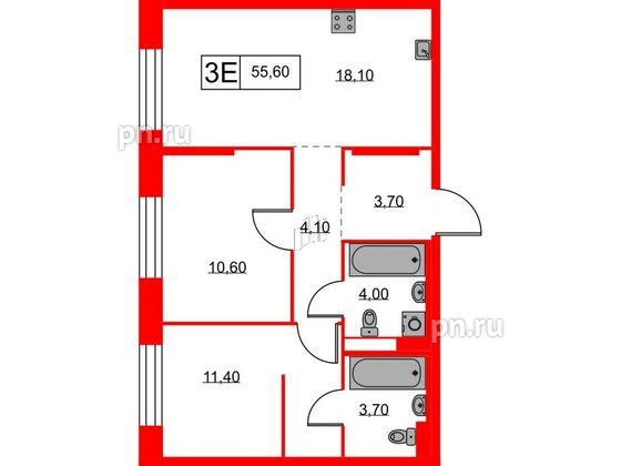 Квартира в ЖК Аэронавт, 2 комнатная, 55.6 м², 6 этаж