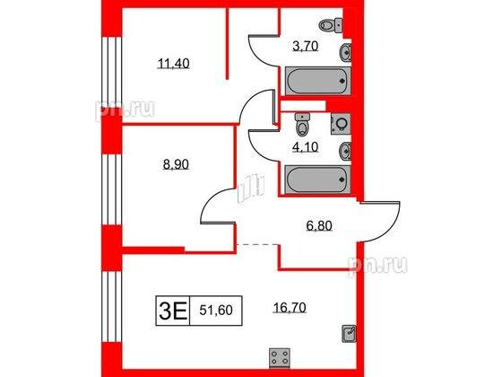 Квартира в ЖК Аэронавт, 2 комнатная, 51.6 м², 6 этаж