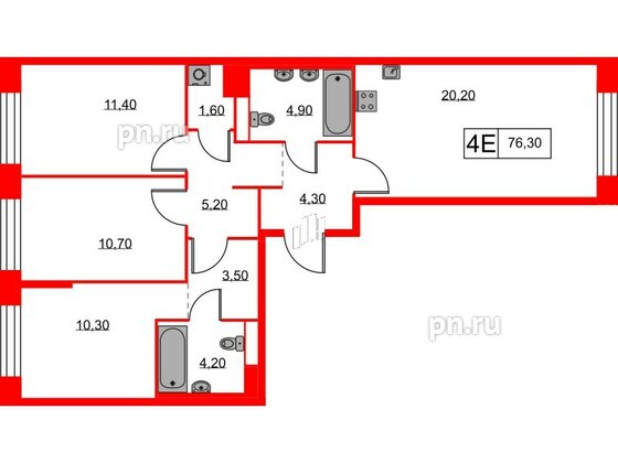 Квартира в ЖК Аэронавт, 3 комнатная, 76.3 м², 2 этаж