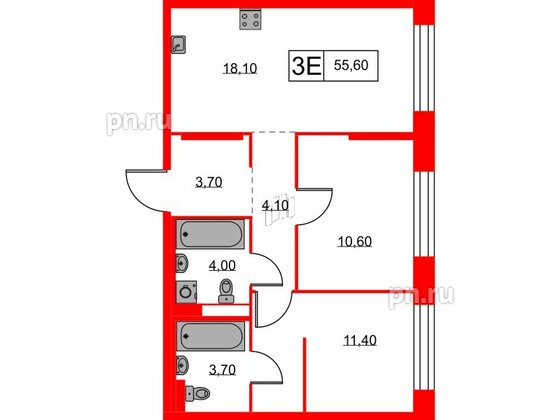 Квартира в ЖК Аэронавт, 2 комнатная, 55.6 м², 5 этаж