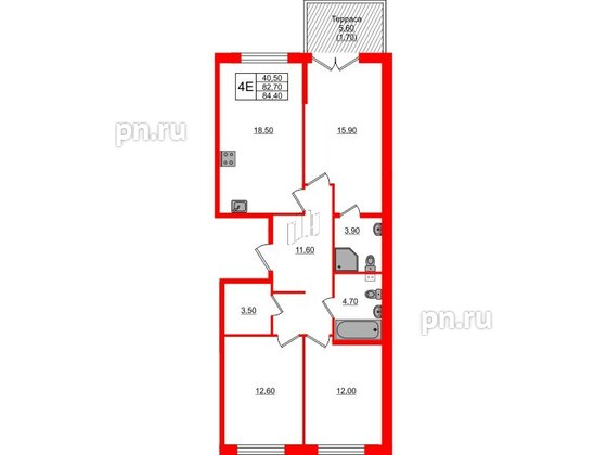 Квартира в ЖК Пулковский дом, 3 комнатная, 84.4 м², 1 этаж