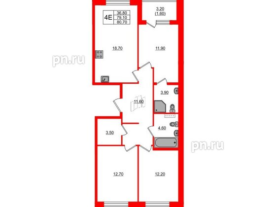 Квартира в ЖК Пулковский дом, 3 комнатная, 80.7 м², 2 этаж