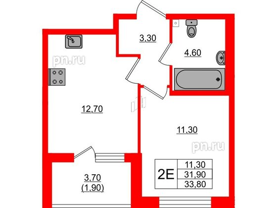 Квартира в ЖК Пулковский дом, 1 комнатная, 33.8 м², 1 этаж