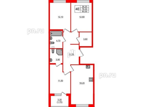 Квартира в ЖК Пулковский дом, 3 комнатная, 80 м², 1 этаж