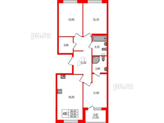 Квартира в ЖК Пулковский дом, 3 комнатная, 80 м², 1 этаж