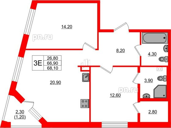 Квартира в ЖК Пулковский дом, 2 комнатная, 68.1 м², 1 этаж