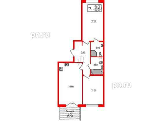 Квартира в ЖК Пулковский дом, 2 комнатная, 69.3 м², 1 этаж