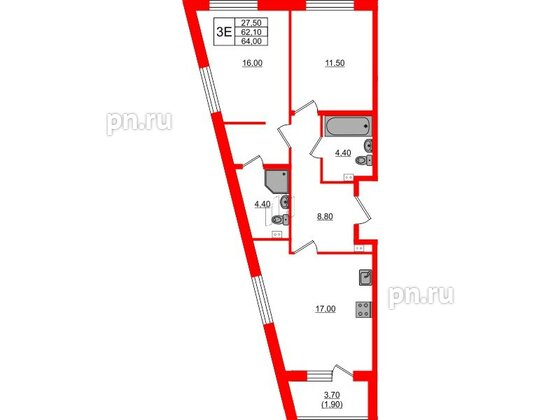 Квартира в ЖК Пулковский дом, 2 комнатная, 64 м², 1 этаж