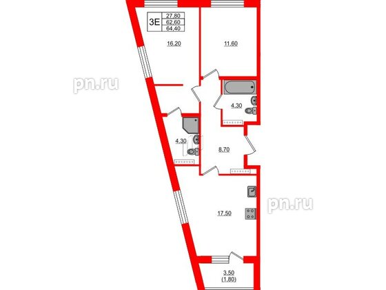 Квартира в ЖК Пулковский дом, 2 комнатная, 64.4 м², 3 этаж