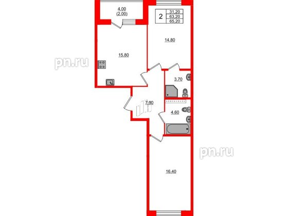 Квартира в ЖК Пулковский дом, 2 комнатная, 65.2 м², 2 этаж