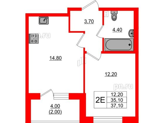 Квартира в ЖК Пулковский дом, 1 комнатная, 37.1 м², 1 этаж