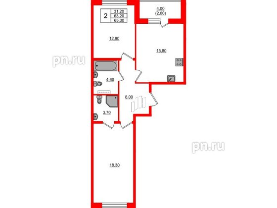 Квартира в ЖК Пулковский дом, 2 комнатная, 65.3 м², 3 этаж