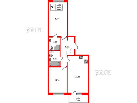 Квартира в ЖК Пулковский дом, 2 комнатная, 69.4 м², 2 этаж