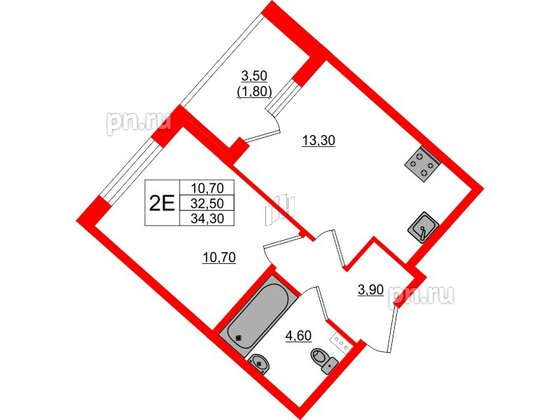 Квартира в ЖК Пулковский дом, 1 комнатная, 34.3 м², 4 этаж