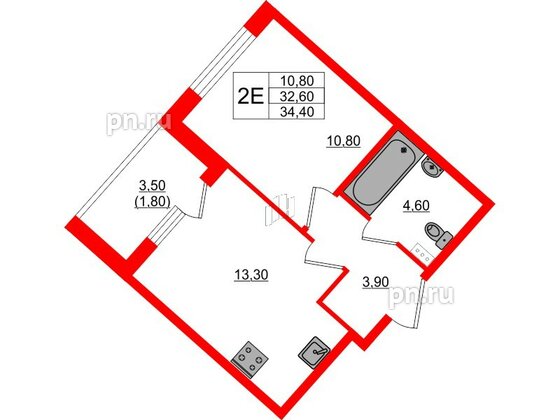 Квартира в ЖК Пулковский дом, 1 комнатная, 34.4 м², 2 этаж