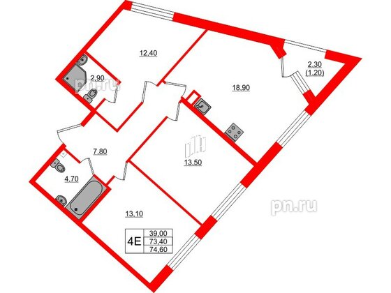 Квартира в ЖК Пулковский дом, 3 комнатная, 74.6 м², 2 этаж