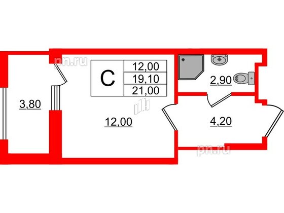 Апартаменты в ЖК PROMENADE, студия, 21 м², 3 этаж