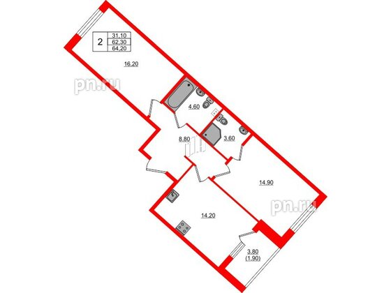 Квартира в ЖК Пулковский дом, 2 комнатная, 64.2 м², 1 этаж