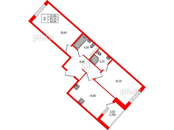 Квартира в ЖК Пулковский дом, 2 комнатная, 64.9 м², 3 этаж