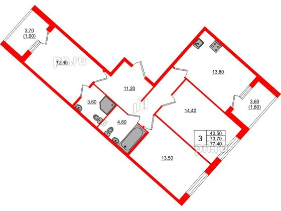 Квартира в ЖК Пулковский дом, 3 комнатная, 77.4 м², 1 этаж