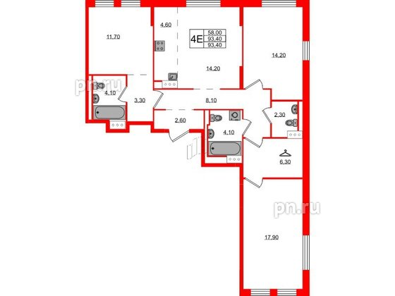 Квартира в ЖК Курортный квартал, 3 комнатная, 93.4 м², 1 этаж