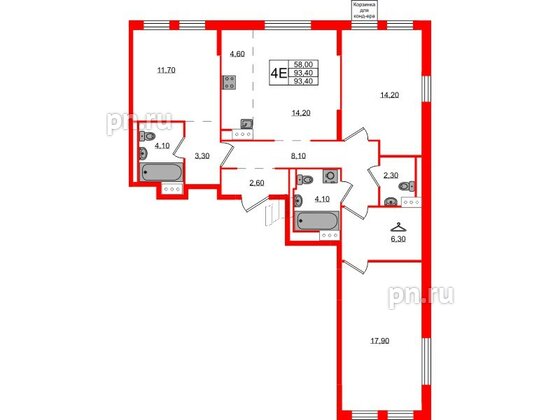 Квартира в ЖК Курортный квартал, 3 комнатная, 93.4 м², 3 этаж