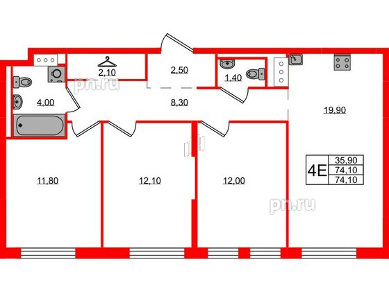 Квартира в ЖК «Курортный квартал», 3 комнатная, 73.2 м², 1 этаж