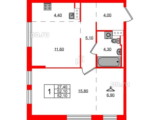 Квартира в ЖК Курортный квартал, 1 комнатная, 52.1 м², 1 этаж