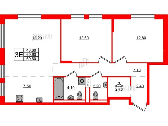 Квартира в ЖК Курортный квартал, 2 комнатная, 69.6 м², 1 этаж