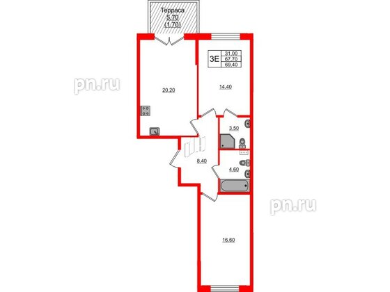 Квартира в ЖК Пулковский дом, 2 комнатная, 69.4 м², 1 этаж