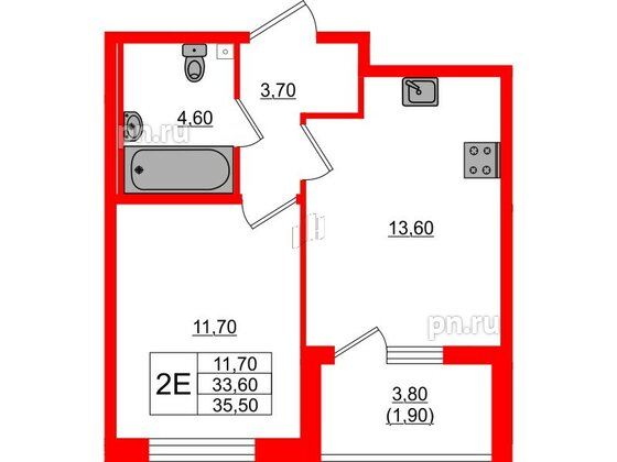 Квартира в ЖК Пулковский дом, 1 комнатная, 35.5 м², 1 этаж