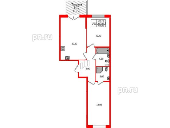 Квартира в ЖК Пулковский дом, 2 комнатная, 69.2 м², 1 этаж