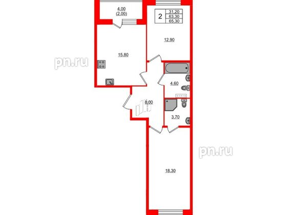 Квартира в ЖК Пулковский дом, 2 комнатная, 65.3 м², 2 этаж