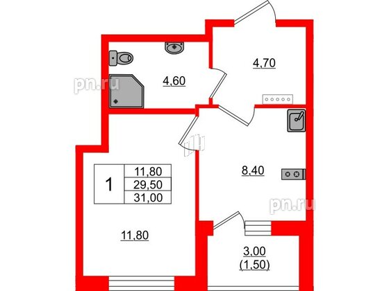 Квартира в ЖК Пулковский дом, 1 комнатная, 31 м², 4 этаж