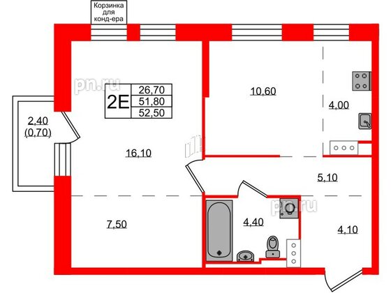 Квартира в ЖК Курортный квартал, 1 комнатная, 52.5 м², 3 этаж