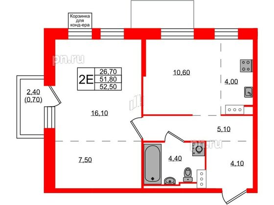 Квартира в ЖК Курортный квартал, 1 комнатная, 52.5 м², 5 этаж