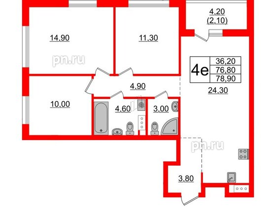 Квартира в ЖК А101 Лаголово, 3 комнатная, 78.9 м², 2 этаж