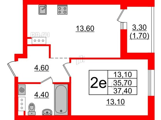 Квартира в ЖК А101 Лаголово, 1 комнатная, 37.4 м², 3 этаж