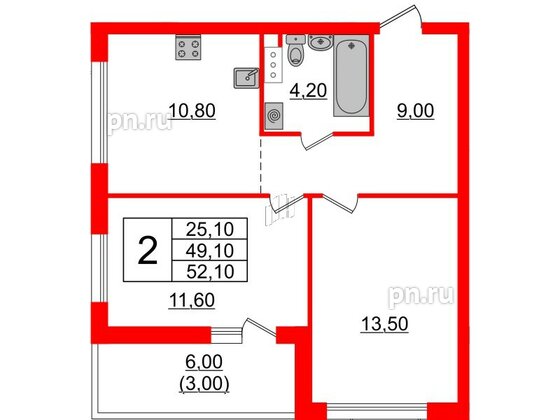 Квартира в ЖК А101 Лаголово, 2 комнатная, 52.1 м², 2 этаж