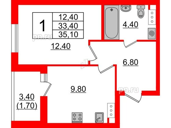 Квартира в ЖК А101 Лаголово, 1 комнатная, 35.1 м², 3 этаж