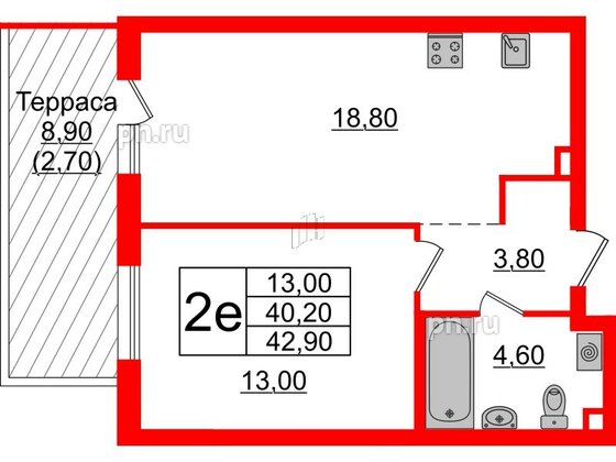 Квартира в ЖК А101 Лаголово, 1 комнатная, 42.9 м², 1 этаж