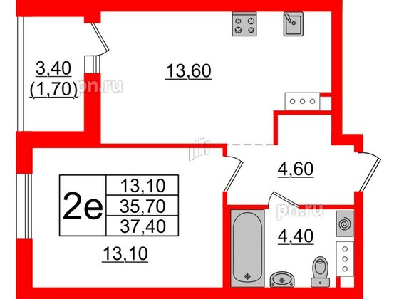 Квартира в ЖК А101 Лаголово, 1 комнатная, 37.4 м², 2 этаж