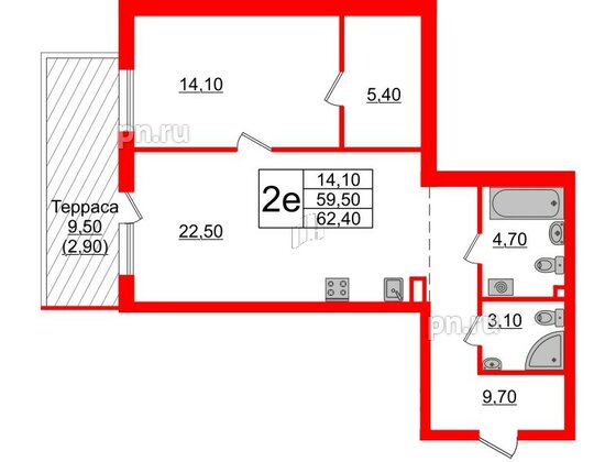 Квартира в ЖК А101 Лаголово, 1 комнатная, 62.4 м², 1 этаж