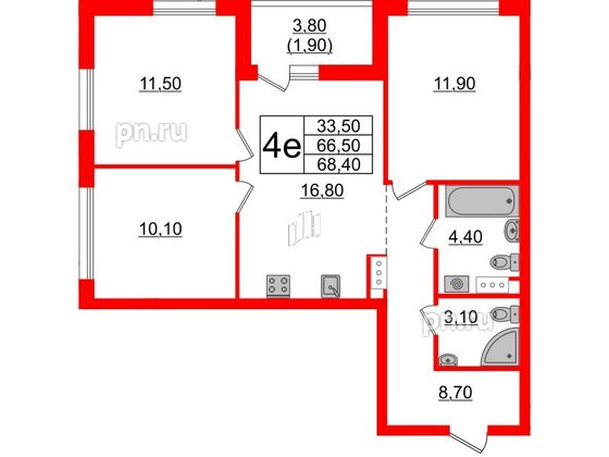 Квартира в ЖК А101 Лаголово, 3 комнатная, 68.4 м², 2 этаж