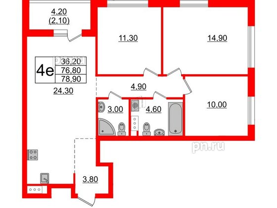 Квартира в ЖК А101 Лаголово, 3 комнатная, 78.9 м², 3 этаж