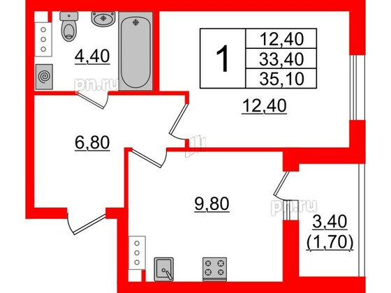 Квартира в ЖК А101 Лаголово, 1 комнатная, 35.1 м², 4 этаж