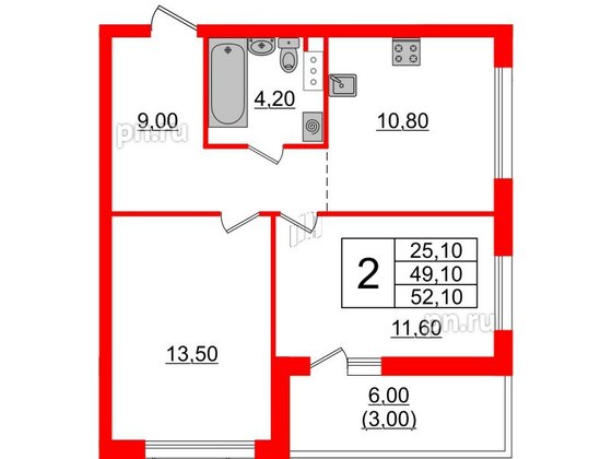 Квартира в ЖК А101 Лаголово, 2 комнатная, 52.1 м², 4 этаж