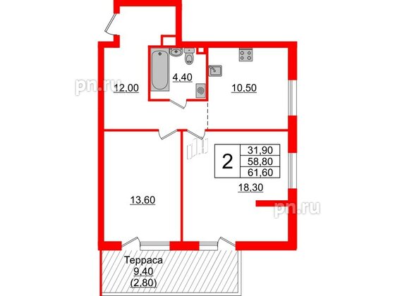 Квартира в ЖК А101 Лаголово, 2 комнатная, 61.6 м², 1 этаж