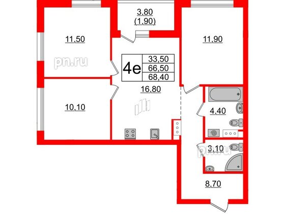 Квартира в ЖК А101 Лаголово, 3 комнатная, 68.4 м², 7 этаж